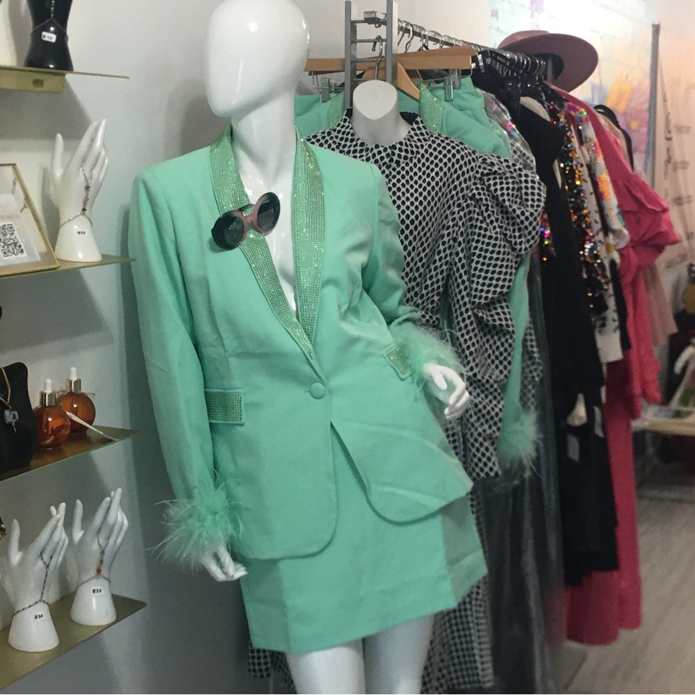 Aqua Suit with feathers